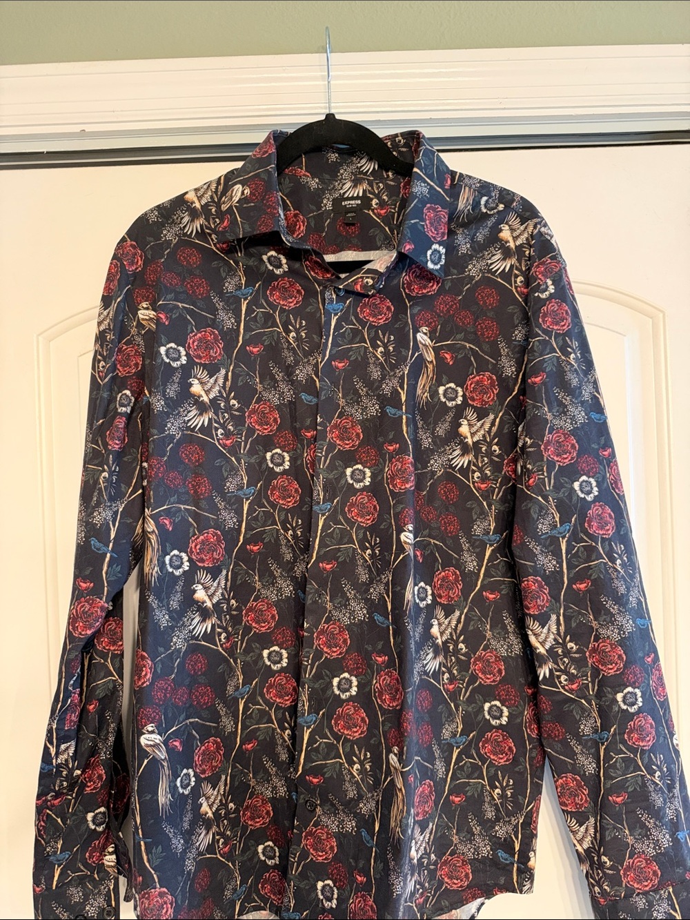 Express Men’s Slim Fit Floral Button Down Dress Shirt with Red Roses